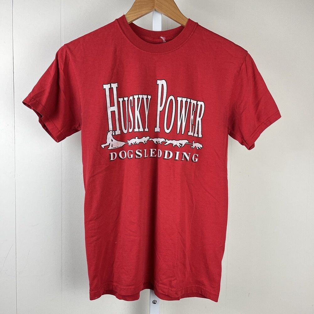 Vintage Husky Power Dogsledding Crewneck Graphic‎ Red T-Shirt Size Small